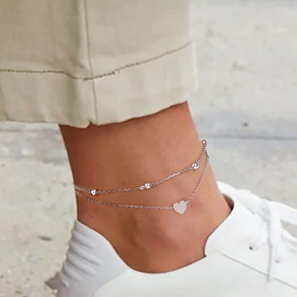 Flyow Anklet for Women S925 Sterling Silver Adjustable Foot Beaded Heart Charm Ankle Bracelet Anklets Jewelry - style: heart charm 10+1