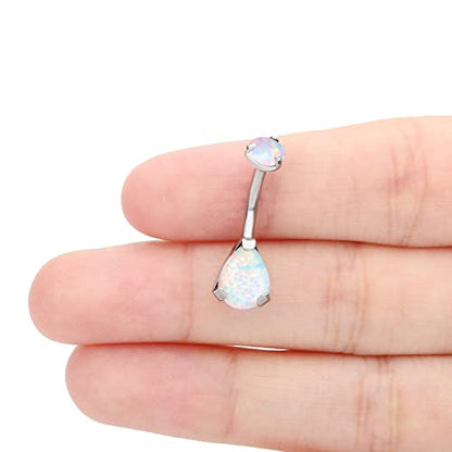 VOJO G23 Titanium Belly Button Rings Cubic Zircon Opal Hypoallergenic Threaded 14G Diamond Navel Body Piercing Jewelry Birthstone for Women - color: Teardrop White Opal