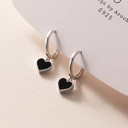 SLUYNZ Solid 925 Sterling Silver Black Heart Hoop Earrings for Women Teens Love Heart Hoop Earrings Huggie - color: A-Sterling Silver