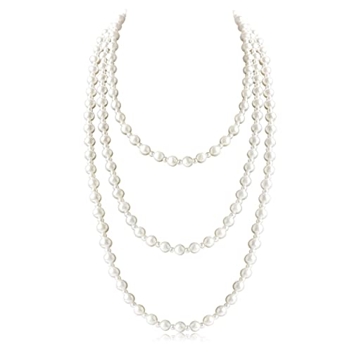 Long Pearl Necklaces for Women Cream White Faux Pearl Strand Layered Necklace Costume Jewelry - color: Cream White-1
