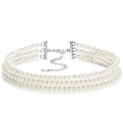 BABEYOND Round Imitation Pearl Choker Necklace Multi Strands Choker 20s Flapper Necklace Accessories for Gatsby Themed Party - style: 3-layer