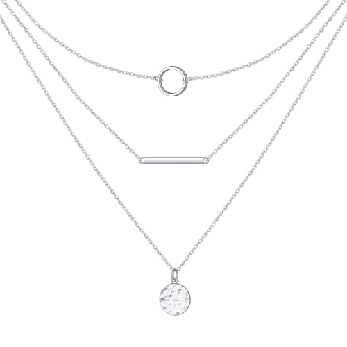 925 Sterling Silver Multilayer Layered Triple Long Chain Necklace for Women - style: Multilayer Hammered
