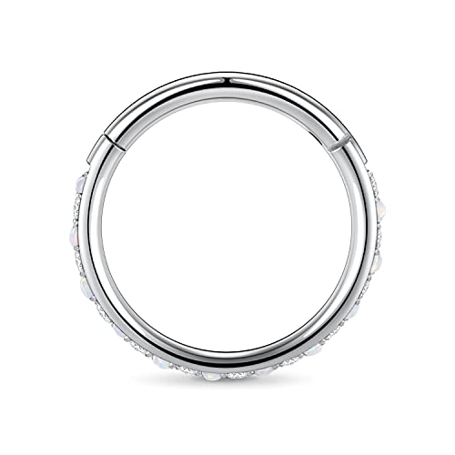 GAGABODY Surgical Steel Hypoallergenic Nose Ring Earring CZ Hoop for Unisex | Hinged Seamless Clasp,Used in Nostril,Septum,Lip,Eyebrow,Nipple and All Ear Piercings.22G to 12G,Inner Diameter 5mm to 14mm - color: Style5:Silver+Clear CZ & White Opal, size: 2
