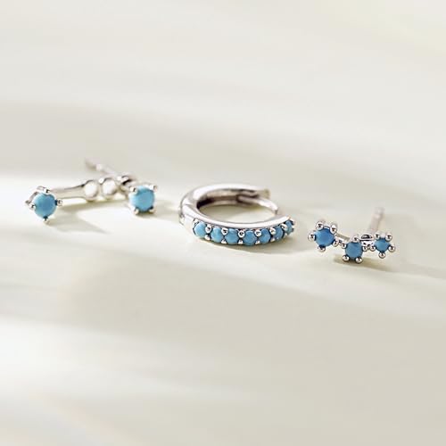 3 Pairs Mini Hoop Earrings Set Turquoise Cubic Zirconia Huggie Hoop Cartilage Earring Ear Cuff for Women (Turquoise/CZ) - color: *Turquoise-A