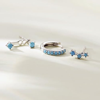 3 Pairs Mini Hoop Earrings Set Turquoise Cubic Zirconia Huggie Hoop Cartilage Earring Ear Cuff for Women (Turquoise/CZ) - color: *Turquoise-A