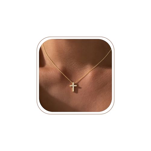 Cross Necklace for Women Dainty Small Cross Pendant Choker 14K Gold Plated Simple Trendy Cute Cross Charm Chain Necklace Easter Baptism Religious Faith Jewelry Gift - color: Zircon Cross-GD