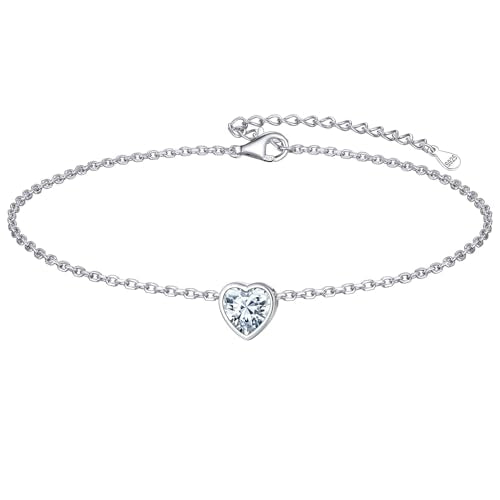 ChicSilver 925 Sterling Silver Anklets for Women, Simple Dainty Round/Heart Birthstone Ankle Bracelet Beach Foot Jewelry, 8.7-10.7 Inch Adjustable - color: 04. Heart - April(Diamond)