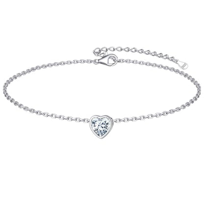 ChicSilver 925 Sterling Silver Anklets for Women, Simple Dainty Round/Heart Birthstone Ankle Bracelet Beach Foot Jewelry, 8.7-10.7 Inch Adjustable - color: 04. Heart - April(Diamond)
