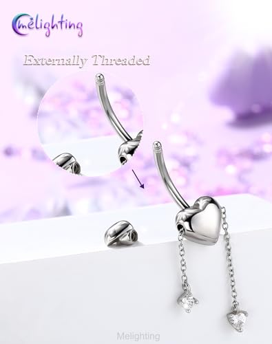 Melighting 14G Gold Belly Button Ring Dangle Chain, 10 mm Stainless Steel Belly Piercing Jewelry with CZ Heart Star Design, Cute Silver Navel Ring for Beach Daily Wear Women - color: Steel Heart