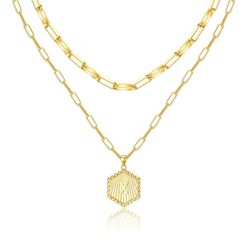 Layered Initial Necklace for Women | Gold Plated Paperclip Chain with Sunburst Hexagon Letter Pendant | Double Layer Alphabet Necklace | Personalized Minimalist Jewelry Gift - color: X