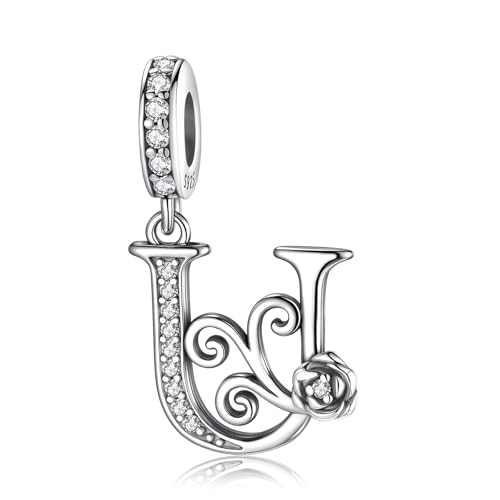 HappyStar 925 Sterling Silver Letter Charms for Bracelets Rose Alphabet Initial Dangle Pendants Fit for Pandora Charms Bracelet Charms Beads Jewelry Gifts for Women - color: Alphabet U