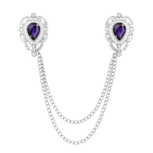 Teardrop Rhinestone Brooch Mens Lapel Pins for Shirt Collar Hanging Chain Brooch Suit Pin Crystal Rhinestone Lapel Pins for Men - color: Purple-J
