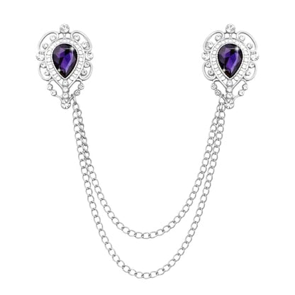Teardrop Rhinestone Brooch Mens Lapel Pins for Shirt Collar Hanging Chain Brooch Suit Pin Crystal Rhinestone Lapel Pins for Men - color: Purple-J