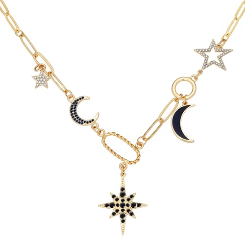 Charm Necklace for Women Gold Evil Eye Sun Moon Flower Coin Pendant Necklace Dainty Paperclip Chain Vintage Luck Amulet Choker Necklaces Celestial Jewelry Gift - style: Black Celestial Charms