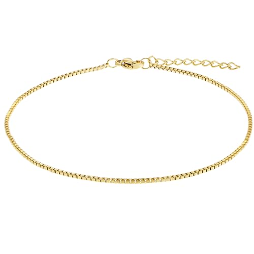 Gold Stainless Steel Anklet Chain for Women Adjustable Ankle Bracelet Fashionable Simple Design, Round mold chain - color: Gold+ Box Chain, size: 22+3cm