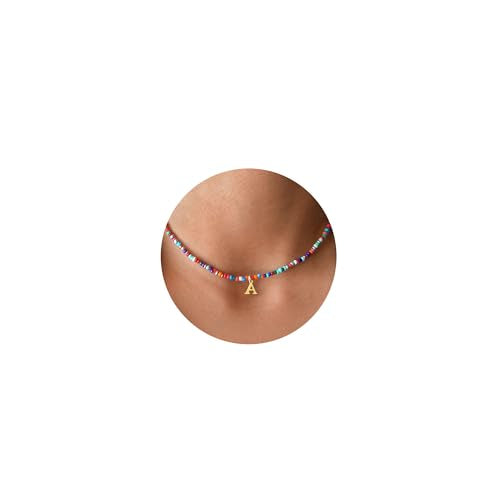 Yoosteel Colorful Beaded Initial Necklace for Girls Kids Teen Girl Gifts | Boho Initial Necklace, Cute Choker Letter Necklace for Girls Women, Kids Jewelry for Girls, Back to School Birthday Gifts - color: 18K-Gold-Plated, style: A'