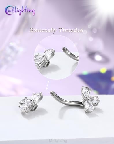 Melighting 14G Double Teardrop CZ Gold Belly Button Ring 316L Surgical Steel Navel Ring 3 Stone Drop Design Belly Bar Piercing Jewelry for Women 8 mm/10 mm - color: Steel, size: 14G8mm