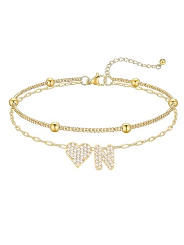 KeyStyle Heart Initial Ankle Bracelets for Women, Layered CZ A-Z Letter | 14K Gold Plated or Silver Stainless Steel Anklet, Hypoallergenic Waterproof Layered Jewelry for Daily Wear & Special Gifts - color: Gold-N