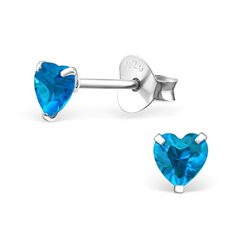 925 Sterling Silver 4mm Heart Birthstone CZ Stud Earrings 33210 (Choose Your Color) (Nickel Free) - color: Sky Blue Topaz