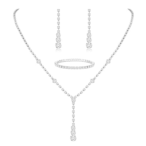 Jstyle Silver Jewelry Set for Women Sparkly Crystal Wedding Accessories | Wedding Jewelry Set for Bride Bridesmaids, Rinstone Necklack Bracelet Earring Set, Jewelry Gifts for Prom Party Birthday - color: Silver Plated