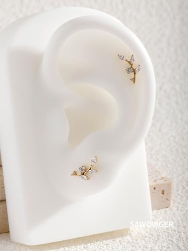 16G Titanium Flat Back Earrings for Women Conch/Helix/Foward Helix/Tragus/Hypoallergenic Piercing Jewelry Internal Thread Cartilage Stud Gold Silver CZ Branch Earrings - color: Gold-For Wearer Left Ear
