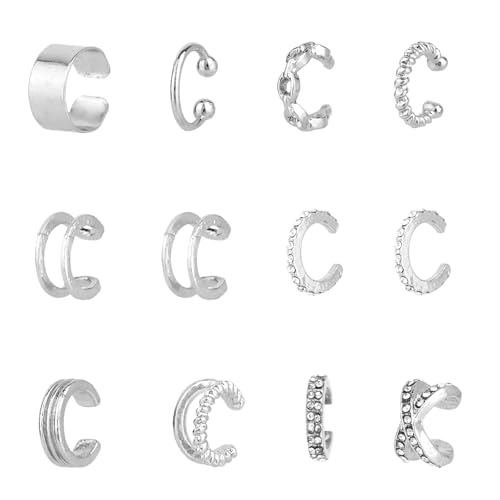 12pcs Silver Ear Cuffs Non Piercing, Alloy Non Pierced Clip on Cartilage Adjustable Stylish Fake Earrings for Women