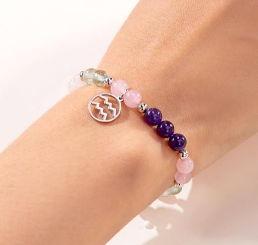 XAM 12 Zodiac Stone Beaded Bracelet - Natural Gemstone & Stainless Steel Charm Constellation Jewelry - color: F