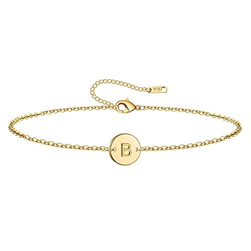 Ovian Initial Charm Bracelet for Women 18K Gold Plated stainless steel Coin Disc Engraved Letter Bracelet Personalized Monogram Name Bracelet - color: B