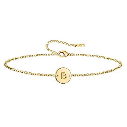 Ovian Initial Charm Bracelet for Women 18K Gold Plated stainless steel Coin Disc Engraved Letter Bracelet Personalized Monogram Name Bracelet - color: B