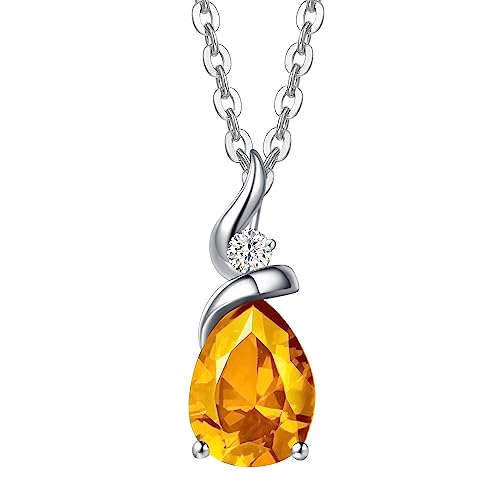 FANCIME 14K Solid White Gold Birthstone Pendant Necklace for Women with Diamond Pear Shaped Teardrop Necklace Birthday Gifts for Mom Women,Sterling Silver Chain 16" + 2" Extender - color: 11-Citrine