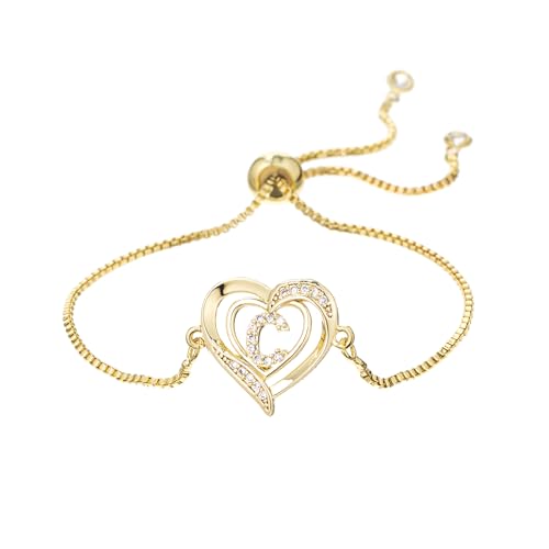 14K White Gold Plated Initial Heart Bracelet for Women Zircon Inlay Heart Initial Charm Bracelets Adjustable Minimalist Jewelry - color: C-gold