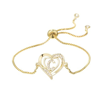 14K White Gold Plated Initial Heart Bracelet for Women Zircon Inlay Heart Initial Charm Bracelets Adjustable Minimalist Jewelry - color: C-gold