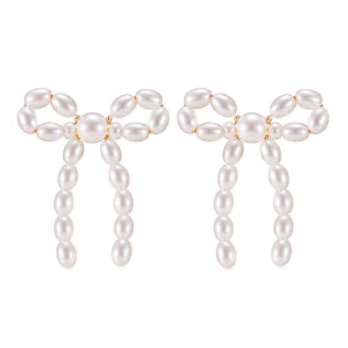 Gold Bow Knot Stud Earrings, Pearl Bow Earrings, for Women | Pearl Beaded Dangle Statement Earring, Pearls Earrings Small Tiny Simple Bows Earring Jewelry, Wedding Fashion Jewelry Gifts