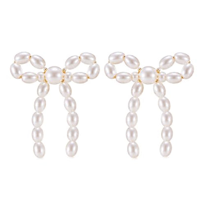 Gold Bow Knot Stud Earrings, Pearl Bow Earrings, for Women | Pearl Beaded Dangle Statement Earring, Pearls Earrings Small Tiny Simple Bows Earring Jewelry, Wedding Fashion Jewelry Gifts