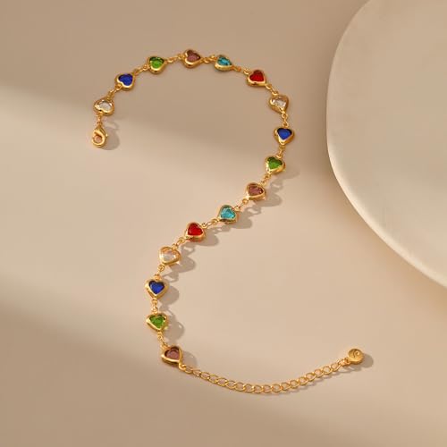 Ankle Bracelets for Women 18K Gold Plated Anklet for Women Gold Charm Anklet Waterproof Summer Beach Foot Chain Jewelry Gifts - style: ﻿heart colorful cubic zirconia