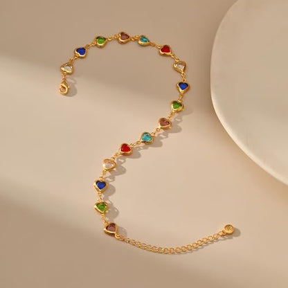 Ankle Bracelets for Women 18K Gold Plated Anklet for Women Gold Charm Anklet Waterproof Summer Beach Foot Chain Jewelry Gifts - style: ﻿heart colorful cubic zirconia