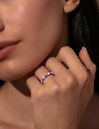 3.5mm Half Eternity Band Sterling Silver Rings for Women Sapphire/Ruby/Emerald and Cz Wedding Bands 7 Stone Stackable Birthstone Ring Anniversary Jewelry Size 6-10 - color: 02-Amethyst-Feb.