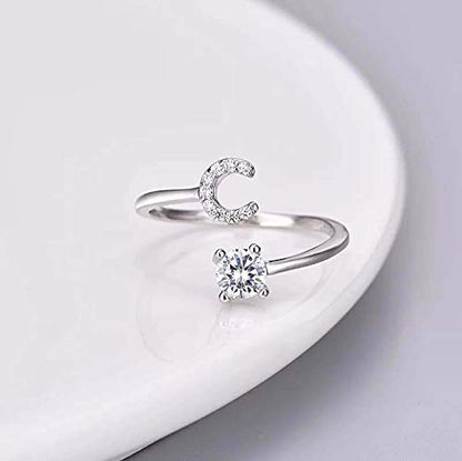 FUTIMELY Initial Letter Ring Alphabet Ring A-Z Silver Crystal Open Adjustable Personalized Initial Ring for Women - style: C