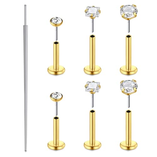 Zolure 18G/20G Flat Back Earrings Stud Threadless Nose Studs Surgical Steel Push in Earrings Tragus Cartilage Labret Helix Lip Conch Medusa Piercing Jewelry - color: 18G Gold #2