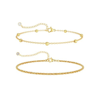 Tewiky Sterling Silver Plated Ankle Bracelets for Women,Dainty Layered Waterproof Anklet for Women Adjustable Sparkly Herringbone Beaded Rope Chain Set Stackable Cute Summer Beach Jewelry Gift - color: gold2