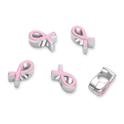 40pcs Pink Ribbon Symbol of Awareness Large Hole Enamel Beads (4.5mm Hole) Antique Silver - size: Pink Ribbon