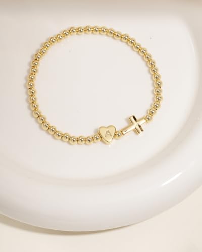 TLY Gold Beaded Bracelets for Women Cross Initial Elastic Stretch Bracelet | 14K Gold Plated Dainty Cute Trendy Friendship Bracelets Stack A-Z Heart Letter Charm Bracelet Jewelry Gifts for Women Teen - color: H
