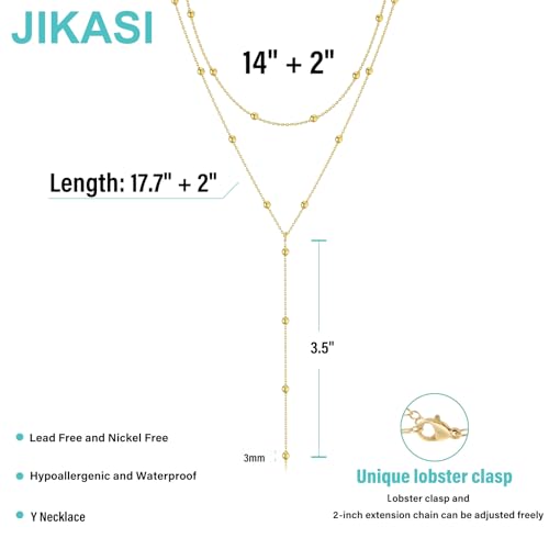 Lariat Gold Necklaces for Women Trendy Dainty Long Necklace 14k Gold Plated/Silver Layered Drop Beaded Chain Necklaces Y-shaped Pendant Necklace Simple Gold Jewelry Gifts - color: Beaded-Gold