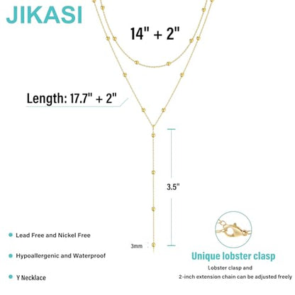 Lariat Gold Necklaces for Women Trendy Dainty Long Necklace 14k Gold Plated/Silver Layered Drop Beaded Chain Necklaces Y-shaped Pendant Necklace Simple Gold Jewelry Gifts - color: Beaded-Gold