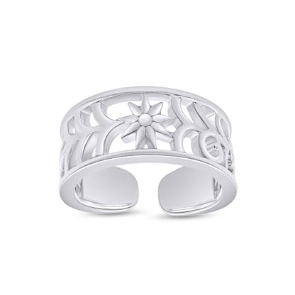 Adjustable Flower Toe Ring for Women | Metal: Sterling Silver - color: white-gold