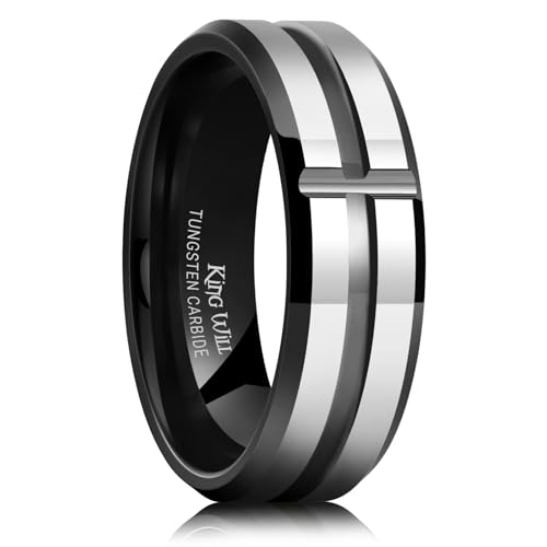 King Will Mens 8mm Cross Groove Tungsten Carbide Wedding Ring | Rose Gold, 8mm, Grooved, Comfort Fit, Cross design, Everyday Wear - color: Gunmetal&Black-Cross Groove 7mm