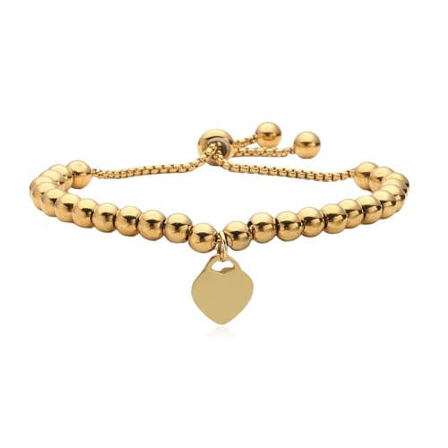 Trendy Heart Beads Bracelets For Elegant Women Adjustable 18K Gold Plated Stainless Steel Jewelry - color: gold heart beads