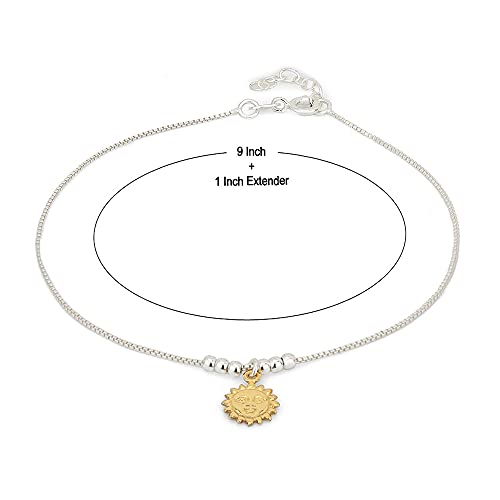 Vanbelle Sterling Silver Jewelry - Silver and Yellow Gold Plated 925 Stamp - Smiling-Sun Celestial Anklet - Stylish Beautifully Designed for Women - 9" Long + 1" Extender