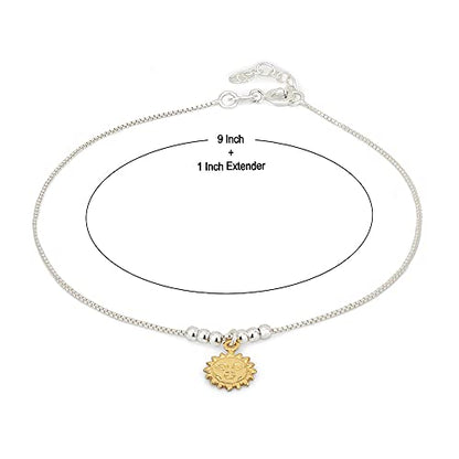 Vanbelle Sterling Silver Jewelry - Silver and Yellow Gold Plated 925 Stamp - Smiling-Sun Celestial Anklet - Stylish Beautifully Designed for Women - 9" Long + 1" Extender
