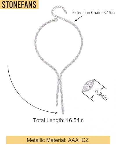 STONEFANS Long Tennis Necklaces for Women - Dainty Silver Lariat Necklace Rhinestone Y Shaped Drop Necklace Cute Choker Necklaces for Women Trendy Silver Prom Jewelry Gifts - color: Silver-Oval Y